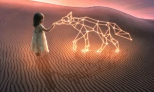 a fox, girl, desert, moon, sunset, glow, nature, constellation, photoshop, fantasy
